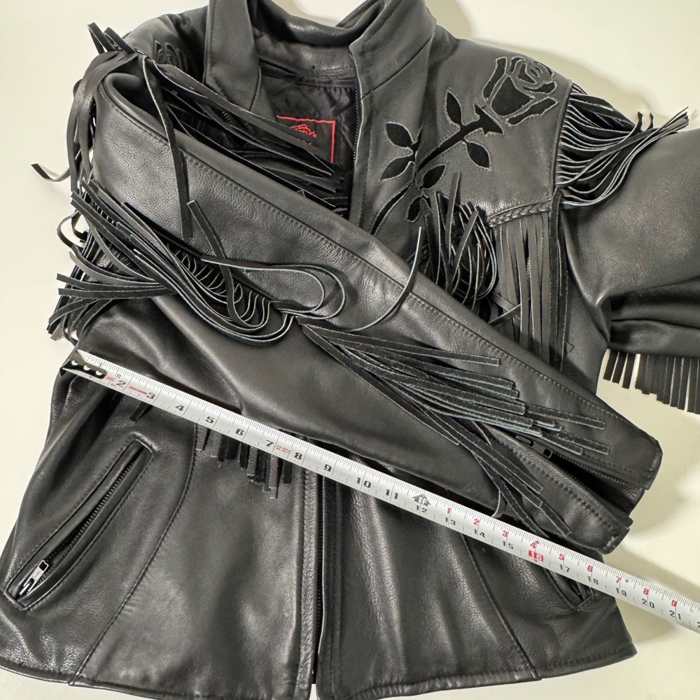 Fashions by Rose Vintage Black Leather Fringe Western Biker Jacket Floral US 16 - Picture 9 of 9